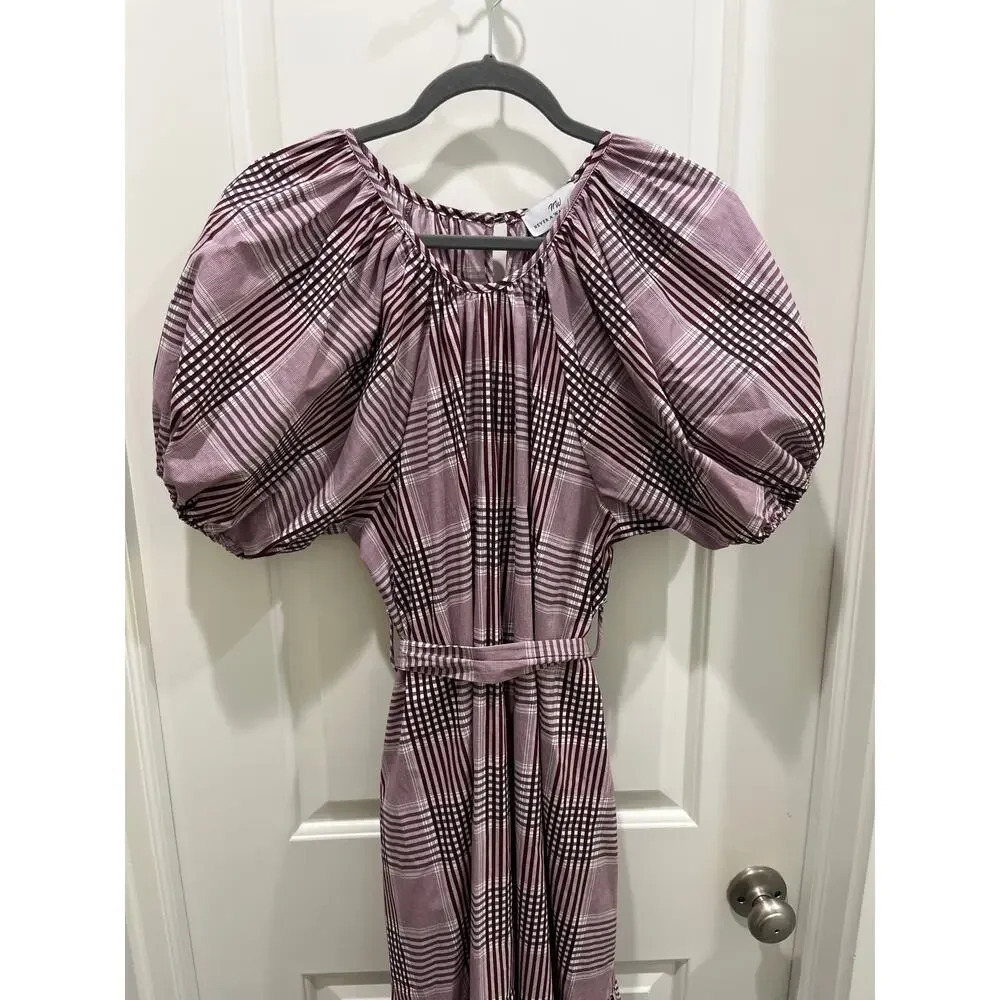 Never A Wallflower Puff Sleeve Burgundy Plaid Midi Dress Sz S - Picture 2 of 11